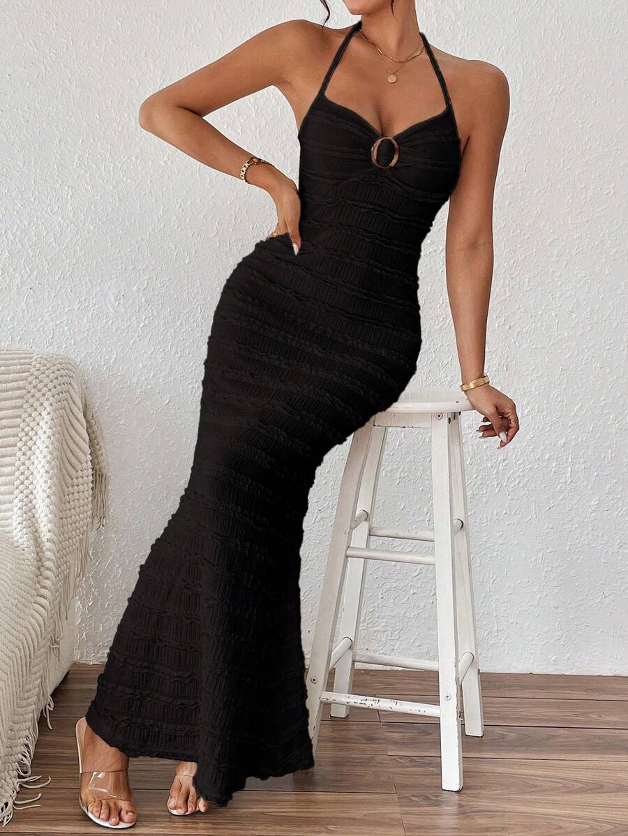 SHEIN PETITE 纹理前襟装饰挂脖女式美人鱼长裙女装 - 黑色 - 查看 1