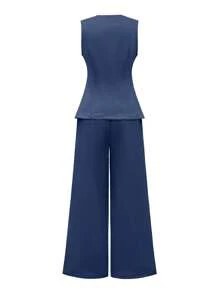 Selianne Bộ đồ vest công sở thanh lịch cổ chữ V màu trơn và quần ống rộng thường ngày cho quý cô - Màu xanh hải quân - Xem 8
