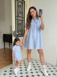 SHEIN Babygirl 可爱夏日度假蓝白条纹短袖立领连衣裙 - 藍白色 - 查看 4