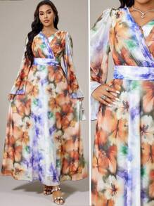 Modelyn Plus Size Women Floral Print V-Neck Cross Wrap Elegant Long Sleeve Dress - Multicolor - View 1