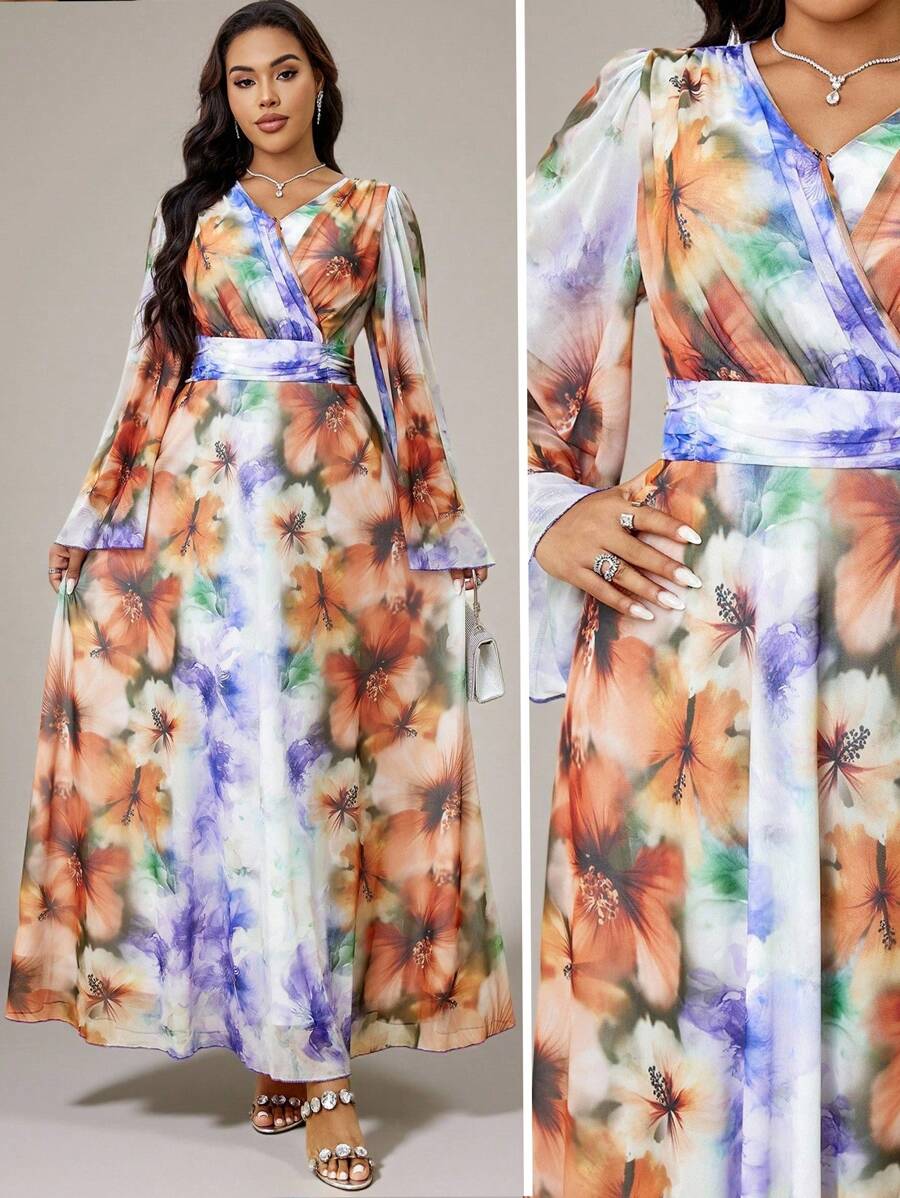 Modelyn Plus Size Women Floral Print V-Neck Cross Wrap Elegant Long Sleeve Dress - Multicolor - View 1