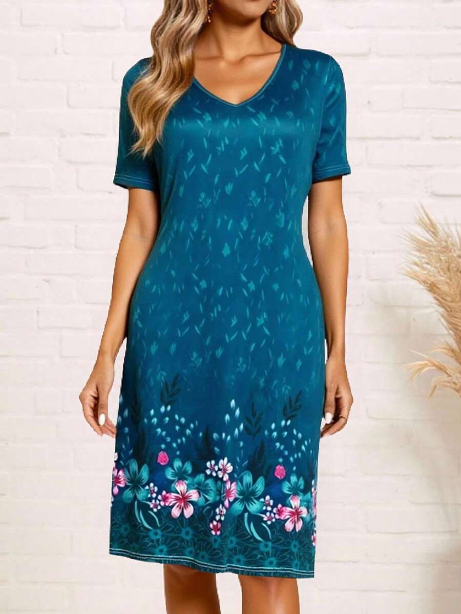 SHEIN 女士时尚优雅V领印花中长连衣裙 - 彩色 - 查看 1