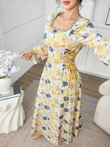 Al Najma 2025 Latest  Arabic Style Versatile Slimming Print Dress, Fashion  Long Dress - Yellow - View 4