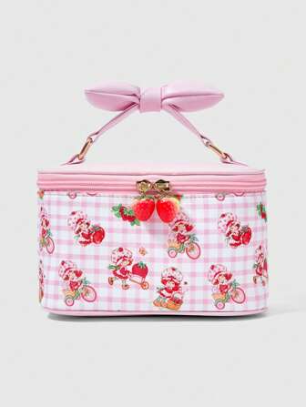 Women's Cute Cartoon Pattern Padded Bow Handheld Portable Cosmetic Bag
