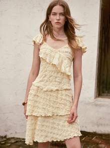 Lumivelle 2件套女士优雅浪漫针织上衣和裙子套装 - 黃色 - 查看 2