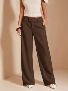 SHEIN BAE 女士纯色奶油白色阔腿裤，休闲低腰裤，适合日常、度假、办公室穿着，春夏季 - 咖啡棕 - 查看 5