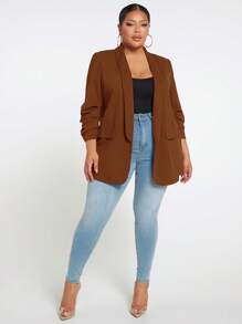 SHEIN Tall CURVE 秋冬大码女式纯色披肩领长袖休闲西装外套 - 棕色 - 查看 4