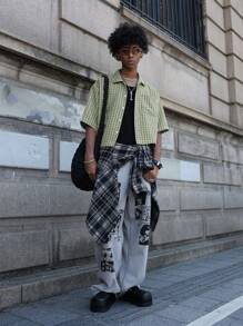 PAVTROS Manfinity Streetrush Men's Short Sleeve Boxy Silhouette Cut-Off Edge Woven Checkered Printed Button-Up Shirt Y2k Jacket Men Cropped Men's Shirt Men's Cropped Shirts Men Cropped Button Up Streetwear Men Shirts,Street Wear - Multicolor - View 6