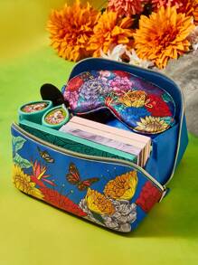 Frida Kahlo X SHEIN 1 pieza Bolsa de cosméticos de piel de PU con estampado floral de artista, de gran capacidad y plana. Bolsa de almacenamiento multifuncional para artículos pequeños, ideal para llevar diariamente, viajes, trabajo, maquillaje o estudio, adecuado para mujeres y estudiantes, artístico y elegante