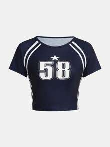 SHEIN T-shirt Rayé Avec Blocs De Couleurs Pour Adolescente, Impression D'étoiles Et De Chiffres