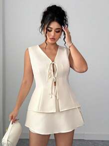 Elenzga Conjunto de 2 piezas de blusa elegante con moño y minifalda para mujer de talla grande, casual, de negocios, de vacaciones, vestidos de mujer, ropa de verano para mujer de talla grande, ropa formal para mujer, conjuntos blancos para mujer - Albaricoque - Ver 3