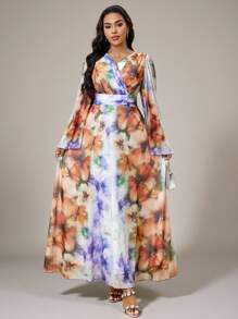 Modelyn Plus Size Women Floral Print V-Neck Cross Wrap Elegant Long Sleeve Dress - Multicolor - View 5