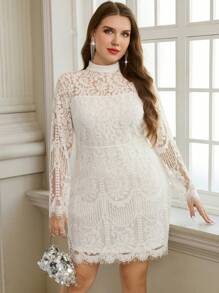 SHEIN Clasi Valentinstag Frühlings Damen Spitzen-Manschette & Saum verziertes Kleid in Große Größen, elegantes weißes Damenkleid - Weiss - Übersicht 6