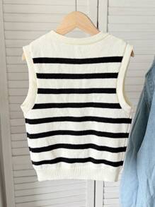 SHEIN 青少年女孩休闲简约舒适V领无袖条纹毛衣，带金属扣细节