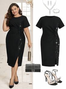 Ellevyn Plus Size Contrast Sequin  Dresses - Black - View 8