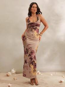 Silquee 夏季女式花卉印花紧身长款度假连衣裙，女式夏装，女式夏装，女式度假连衣裙，女式度假连衣裙，海滩度假连衣裙，适合约会之夜、女生派对、生日派对、夜总会、派对节、派对、休闲日常穿着， - 彩色 - 查看 5