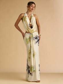 SHEIN BAE Summer Women's Clothing, Flower Metal Button Decorated Women's Tops & Mid-Low Waist Pleated Flower Long Skirts, Women's Two-Piece Suits, Holiday Two-Piece Suits,Vacation Outfits Woman,Beach Outfits For Woman,Two Piece Summer Set - Multicolor - View 6