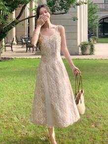 DAZY 女士优雅亮片和网眼拼接吊带中长连衣裙，夏季 - 米色 - 查看 8