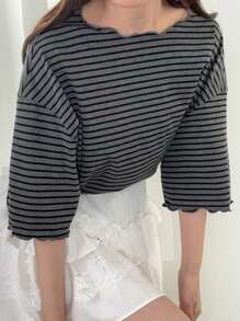 FRIFUL Women Wavy Ruffled Edge Striped Loose Contrast Trim Short Sleeve T-Shirt, Casual Summer Tops For Women Striped Shirt Striped Top Black Striped Top Black And Grey Striped Shirt Grey Striped Shirt,Back To School Clothes - Dark Grey - View 5