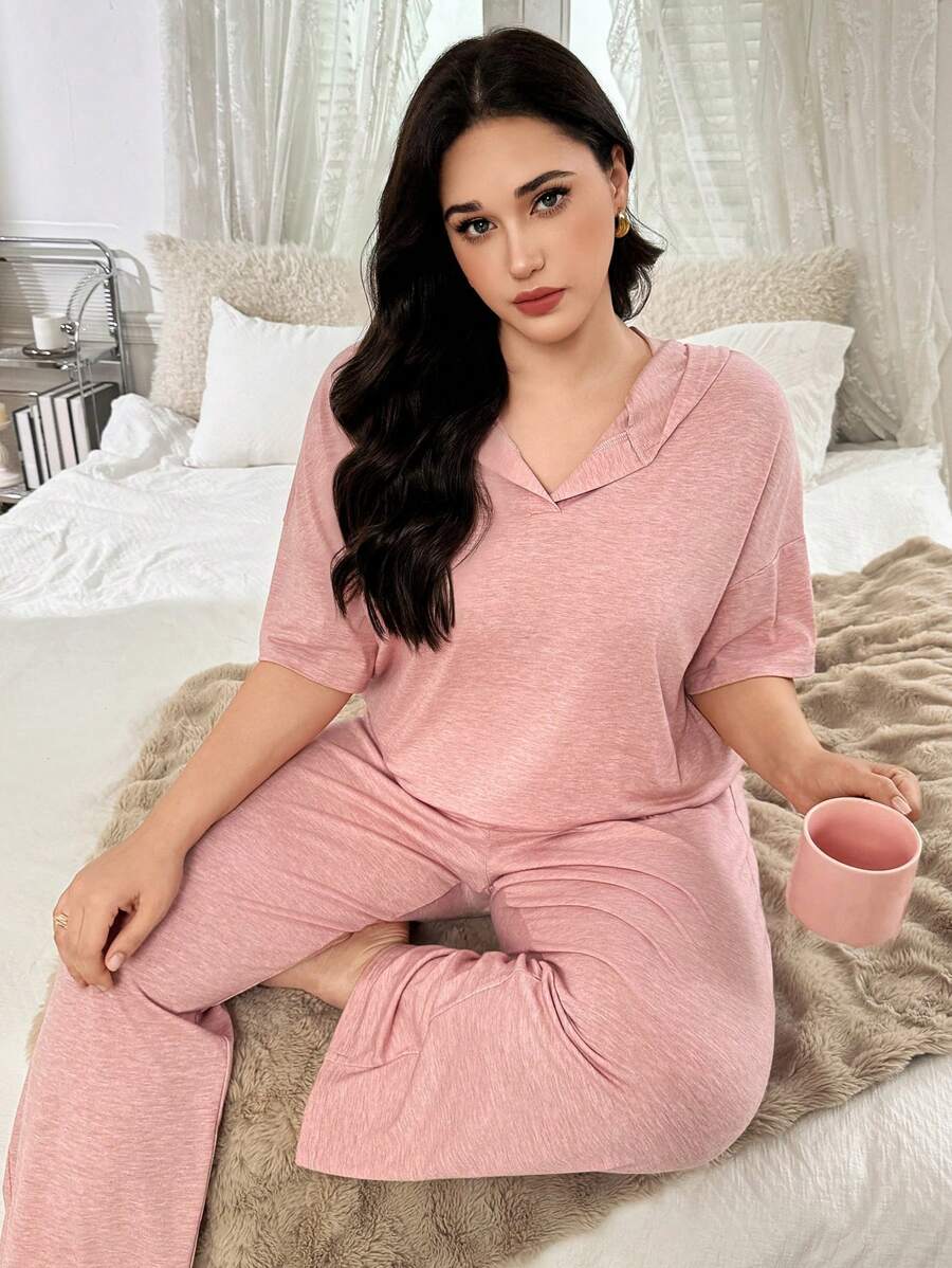 SHEIN 2 peças/Conjunto Cor Sólida Casual Moletom com Capuz de Manga Curta com Cordão, Gola em V e Calça Comprida de Loungewear