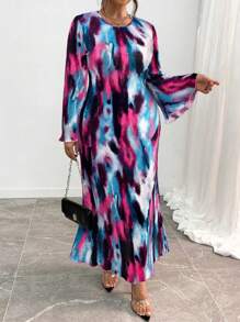 Elenzga 加大码圆领长款泡泡袖花卉印花百褶修身连衣裙，适合圣诞节女装 - 玫紅色 - 查看 3