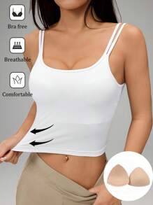 SHEIN PETITE Women's Solid Color Cropped Fitted Camisole White Tank Top With Built-In Bra - Black - View 3