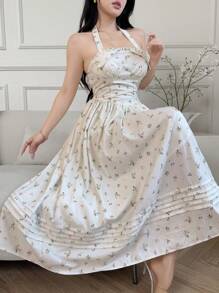 Modelyn Women's Ditsy Floral Pleated Halter Neck Vacation Dress