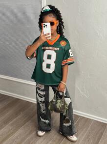 青少年女孩休闲街头时尚V领短袖上衣 - 綠色 - 查看 6