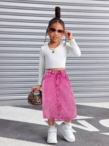 SHEIN 年轻女孩甜美可爱的口袋和侧开衩牛仔迷你裙 - 粉色 - 查看 3