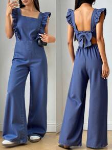 SHEIN 少女夏季纯色水洗无袖露背露背连体裤，带蝴蝶结和荷叶边装饰，休闲风格和休闲版型，女孩夏季海滩波西米亚风度假休闲装，狂欢音乐会节日装，返校 - 深色水洗藍 - 查看 1