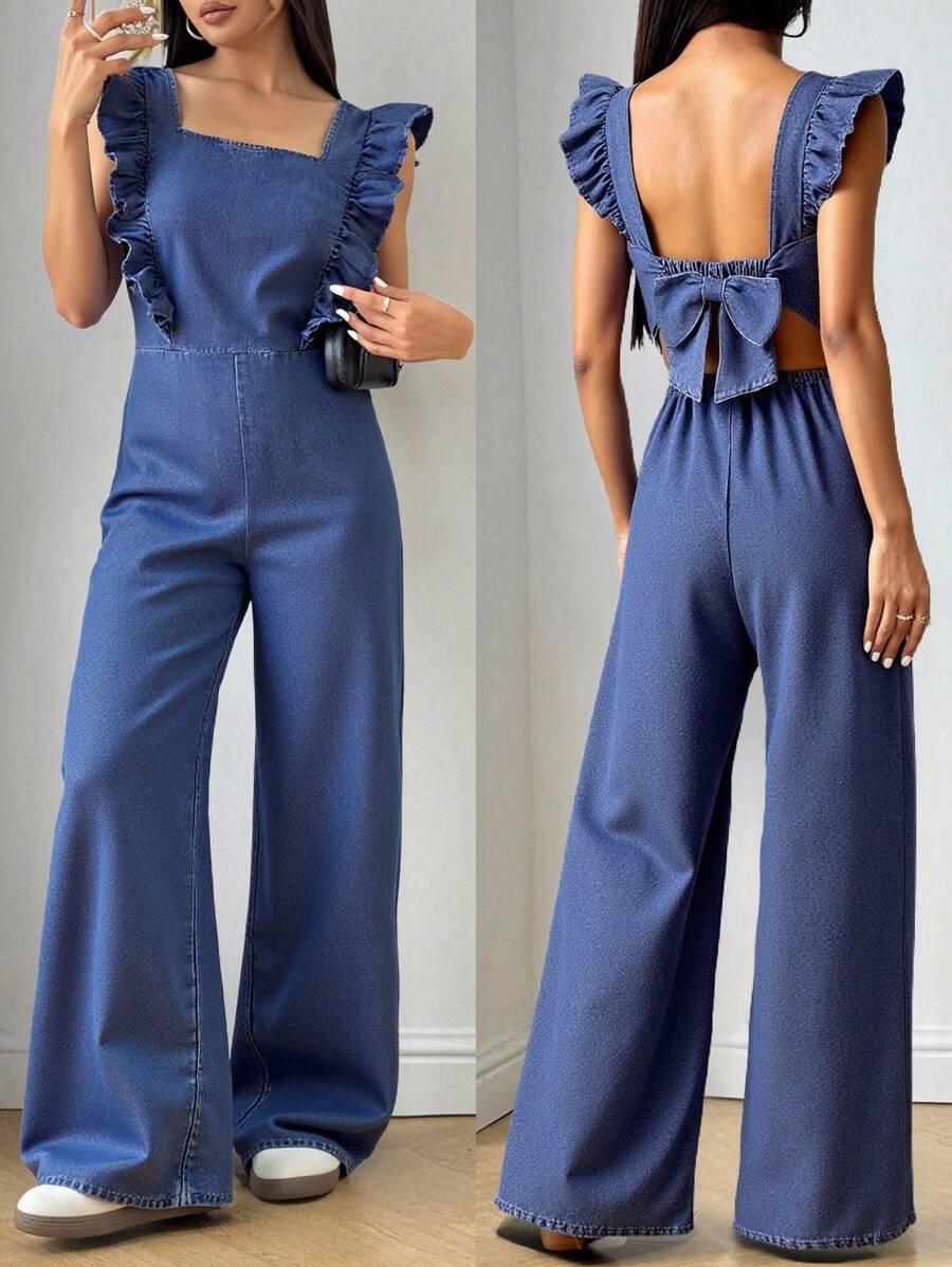 SHEIN 少女夏季纯色水洗无袖露背露背连体裤，带蝴蝶结和荷叶边装饰，休闲风格和休闲版型，女孩夏季海滩波西米亚风度假休闲装，狂欢音乐会节日装，返校 - 深色水洗藍 - 查看 1