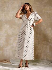Roveilla 大码优雅波尔卡圆点V领短袖长款中长连衣裙，淑女简约 - 杏色 - 查看 4