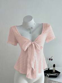 Elamini Áo thun cổ chữ V tay ngắn thắt nơ thời trang mùa xuân/hè, vải có họa tiết ôm vừa vặn dành cho nữ - Hồng - Xem 4