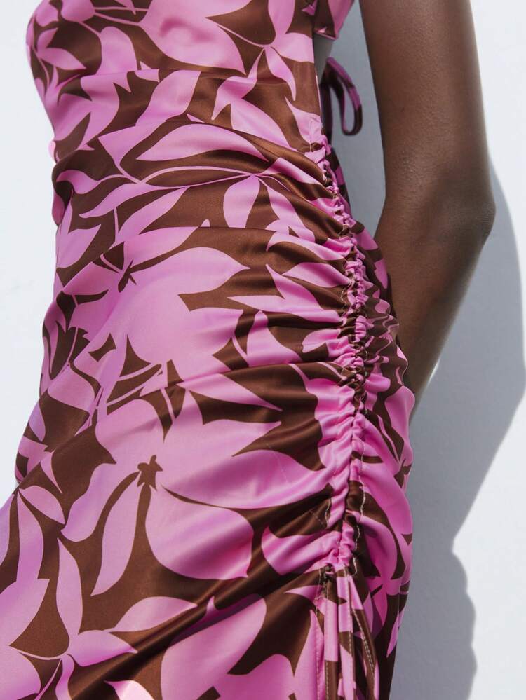 SHEIN Maija 2025 Autumn New Raspberry Pink Leaf Silhouette Print Side Drawstring Tie Slit Draped Neck Women's Dress, Modern Elegant Urban Romantic Refined Y2K Country Music Festival Vintage Korean Airport Travel Street Wedding Guest Birthday Halloween Business Casual Office Date Party Outing Back To School Fall Outfit