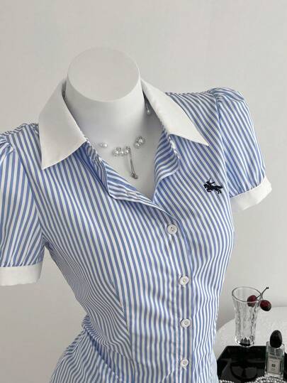 Elamini Women's Contrast Color Striped Embroidered Collar Waist Shirt, Spring/Summer