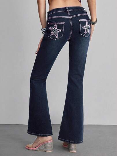 ROMWE Avant Jeans acampanados de imitación vintage con estampado de leopardo, estrella de strass y efecto brillante Y2K para mujer