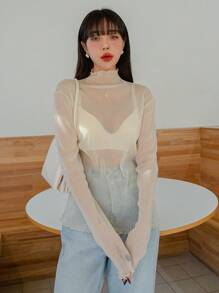 DAZY Lettuce Trim Mock Neck Mesh Top Without Bra Going Out Tops Sheer,Back To School Clothes