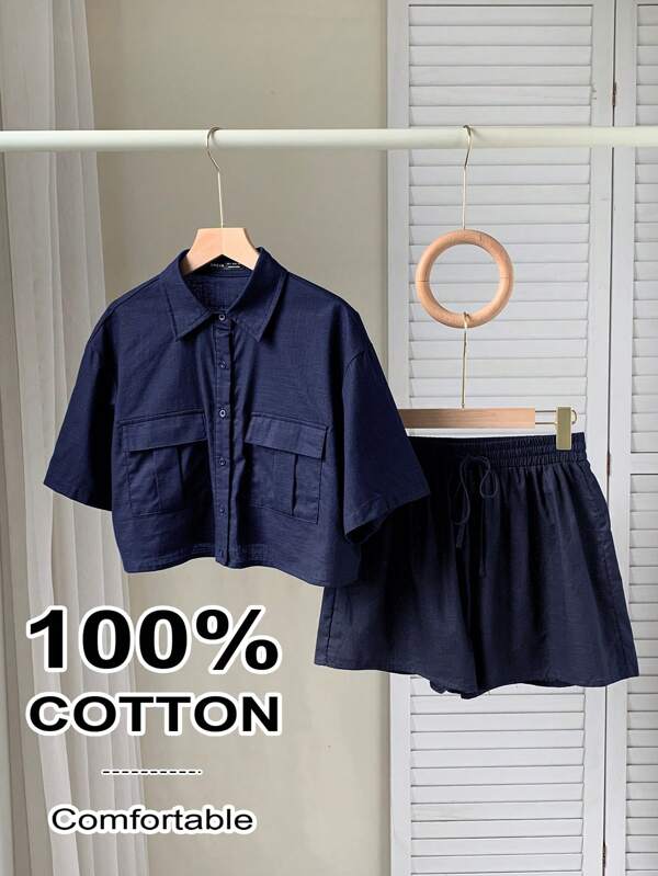 Comfortcana 1 Set Plus Size Women Blue Front Button Short Sleeve Blouse & Shorts,Summer,Vacation,European Summer,Streetwear,Beach,Cotton,Two Piece Set Women,Crop Tops,School,Brunch,Vintage,Grunge