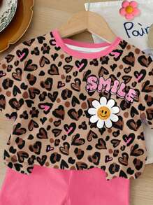 SHEIN Cute Pink Leopard Print & Floral Pattern, Baby Girl Casual Minimalist Style Round Neck Short Sleeve T-Shirt And Shorts Set, Suitable For Spring/Summer