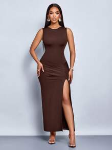 SOLERSUN Vestido largo de mujer elegante y casual de unicolor para vacaciones de primavera y verano, con pliegues, sin mangas, espalda descubierta y abertura en el bajo - Marrón - Ver 6