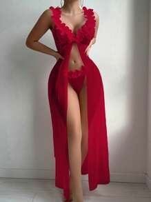 Seduluxe 2-Piece Set: Wedding Lace Contrast Mesh Floral Maxi Nightgown With G-String - Burgundy - View 3