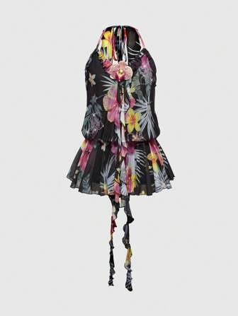 Vestido corto con estampado floral y espalda descubierta, atuendo sexy para la playa/festival/vacaciones