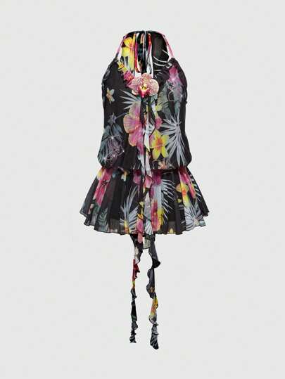 Robe mini à dos nu imprimé floral, tenue sexy pour la plage/le festival/les vacances