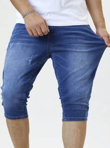 Manfinity Homme 男士纯色紧身弹力休闲牛仔短裤 - 深色水洗藍 - 查看 6