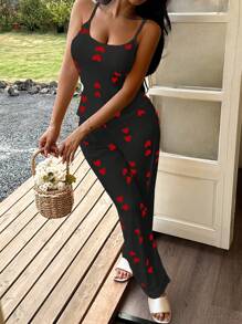 SHEIN Women's Heart Print Knit Spaghetti Strap Pajama Set, Comfortable Casual Sleepwear For All Seasons