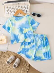 2pcs/Set Girls Tie-Dye Asymmetrical Short Sleeve Top & Elastic Waist Shorts Casual Outfit, Summer - Multicolor - View 2