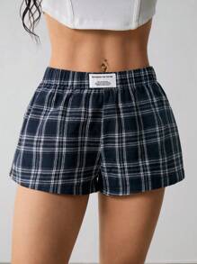 SHEIN PETITE Women's Casual Plaid Print Patch Label Shorts, Summer - Navy Blue - View 5