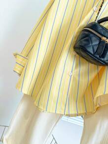 INAWLY Women Casual Commuter Striped Long Sleeve Shirt - Yellow - View 6