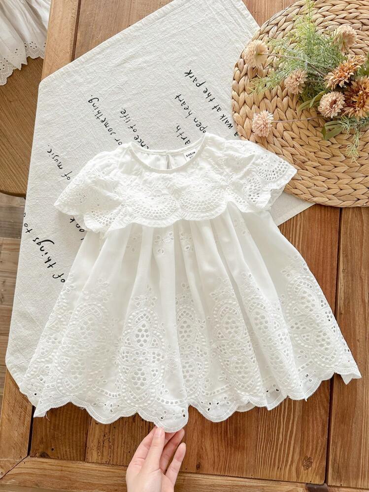 LMoss Kids LMoss Baby Girl Woven Embroidered Ruffle Hem Casual Dress Baby Girl White Lace Dress Ivory Baby Dress Baby Vintage Dress Newborn White Dress Toddler Girl White Dress - White - View 1
