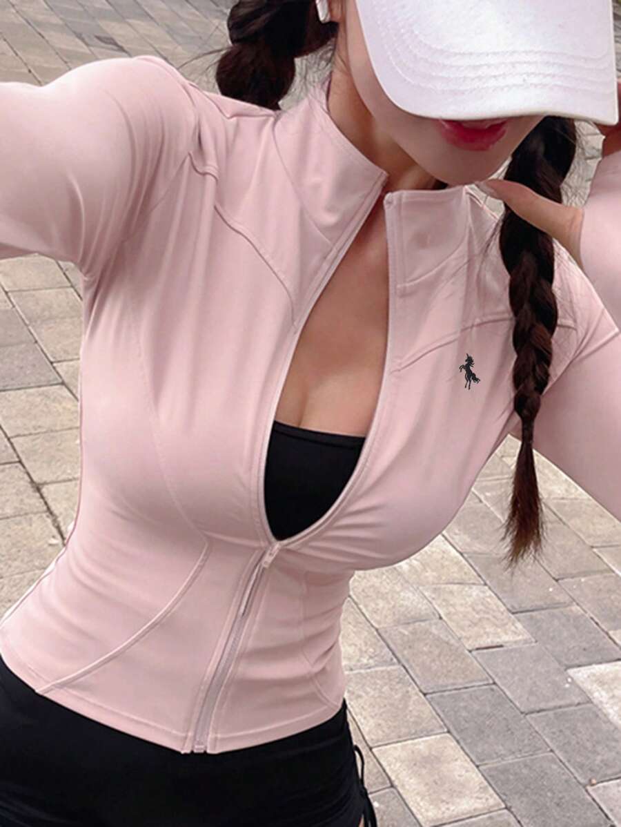 DAZY Women Solid Color Elastic Mock Neck Fitted Long Sleeve Jacket, Casual Sports Spring/Autumn